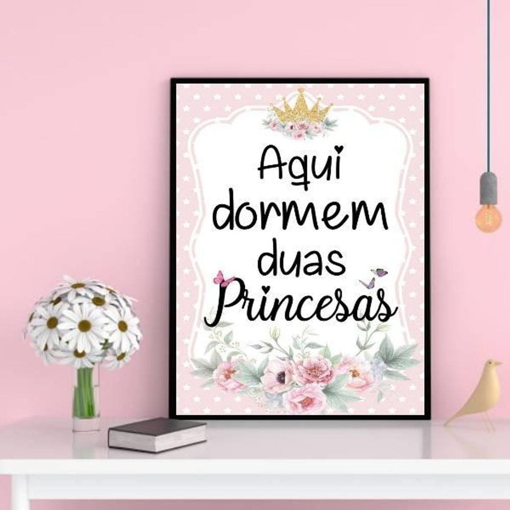 Quadro Aqui Dormem Duas Princesas 45X34Cm - Madeira Preta
