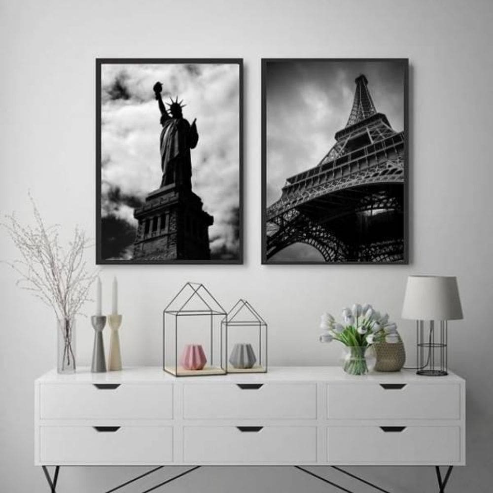Kit 2 Quadros Paris E New York 33X24 C/Vidro - Madeira Preta