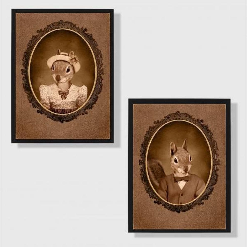Kit 2 Quadros Casal De Esquilos Vintage 45X34 Moldura Preta