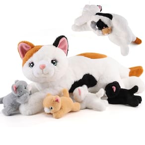 Gato gnomântico de pelúcia com 4 gatinhos no interior para crianças de 3 a 8