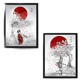 Kit 2 Quadros Decorativos Arte Japonesa 45X34 Moldura Preta