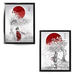 Kit 2 Quadros Decorativos Arte Japonesa 45X34 Moldura Preta