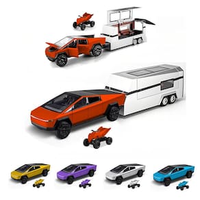 Carro de brinquedo Powvan Cybertruck Gold com motocicleta RV e ATV Cyberquad