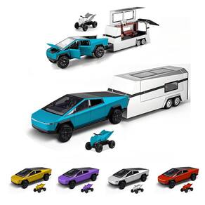Carro de brinquedo Powvan Cybertruck em liga de ouro fundido com RV e ATV