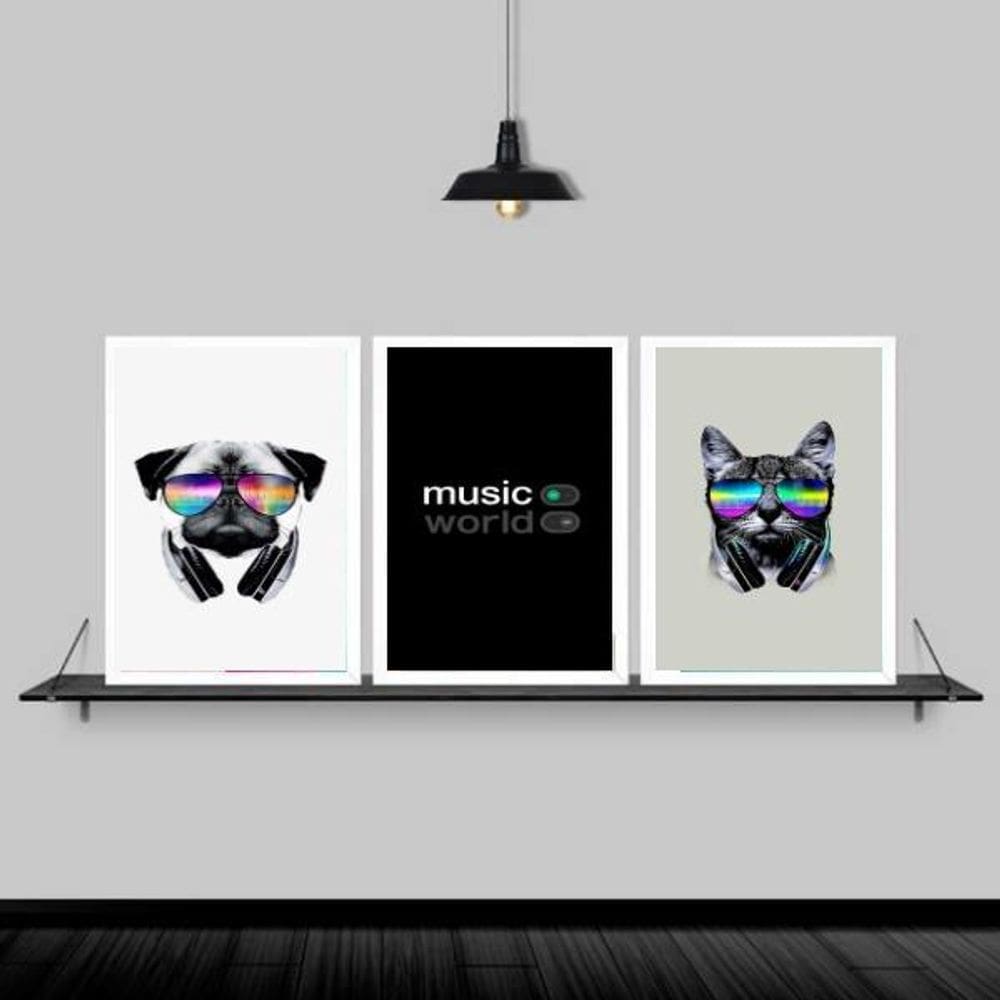 Kit 3 Quadros Cão E Gato Música 24X18Cm - Madeira Branca