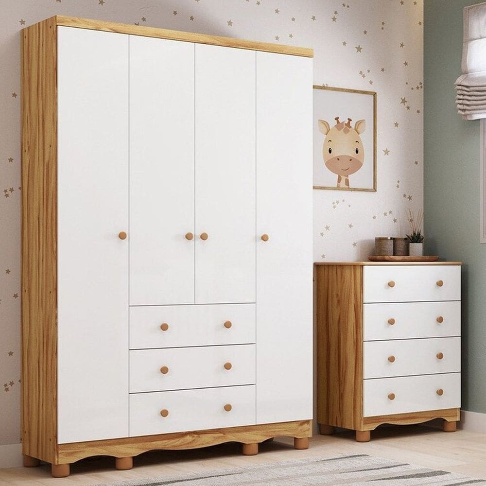 Quarto Infantil com Guarda-Roupa 4 Portas e Cômoda 4 Gavetas 100% MDF Mimo Espresso Móveis Branco Brilho/Amêndoa