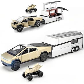 Carro de brinquedo Powvan Cybertruck em ouro fundido com RV e ATV Cyberquad