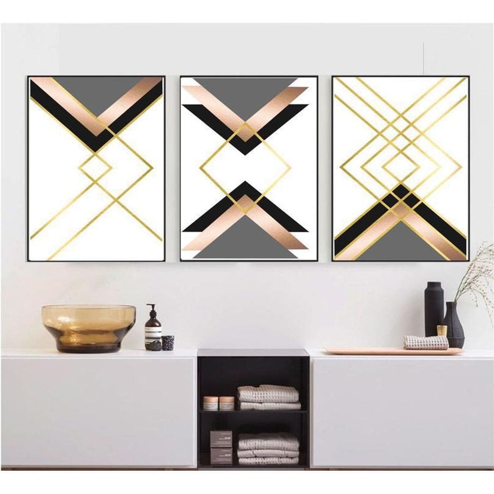 Kit 3 Quadros Decorativos Abstrato Dourado Linhas