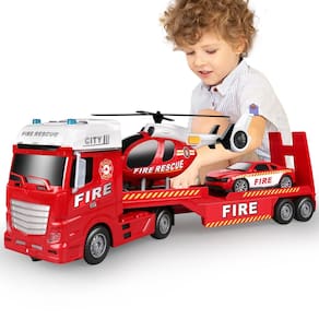 Caminhão de brinquedo Dwi Dowellin 25,6 cm com carro de corrida e helicóptero
