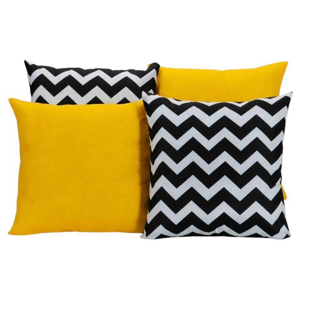 Kit 4 Capas De Almofadas Ziguezague Preto/Branco Com Amarelo