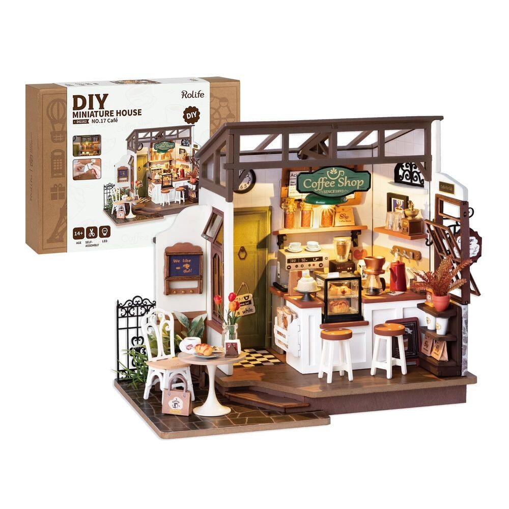 Kit de casa de bonecas em miniatura Rolife Coffee Shop com luzes LED