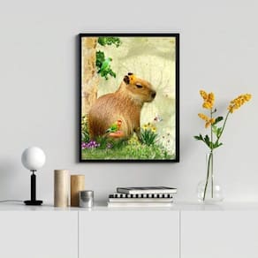 Quadro Capivara c/ Passarinhos 45x34cm - Madeira Preta