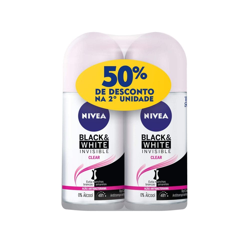 Kit com 2 Desodorantes Antitranspirante Roll On NIVEA Invisible Black & White Clear 50ml - 4005900181046
