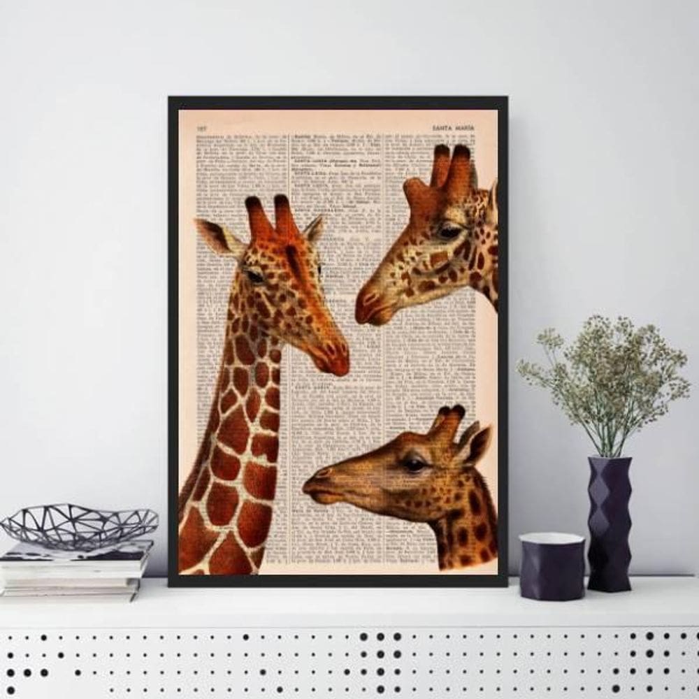 Quadro Decorativo Trio Girafas 45X34Cm Vidro Moldura Preta