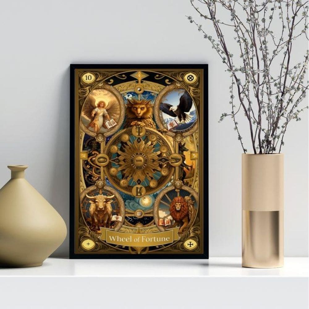 Quadro Carta Tarot Vintage - Roda Da Fortuna 33X24Cm - Vidro