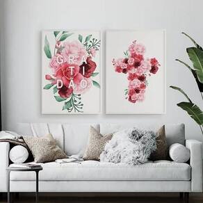 Kit 2 Quadros Gratidão E Cruz Flores 45X34 C/Vidro - Branca