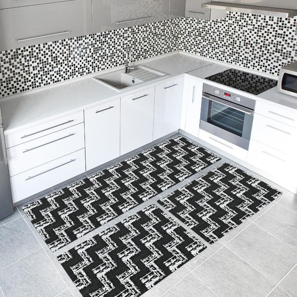 Tapete Cozinha 3 Peças Jacquard Antiderrapante Roma Preto