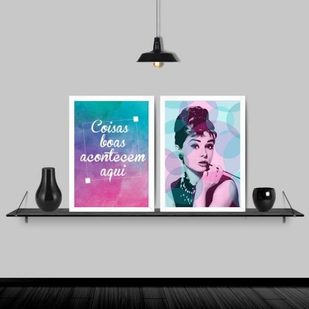 Kit 2 Quadros Audrey Coisas Boas 45X34Cm Moldura Branca