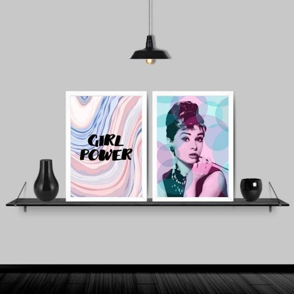 Kit 2 Quadros Audrey Girl Power 45X34Cm Moldura Branca