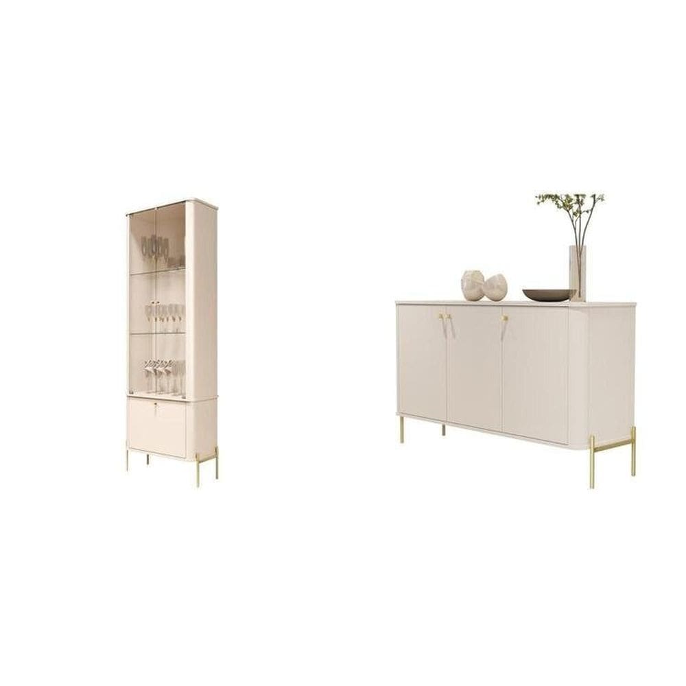 Cristaleira e Buffet Tucupí com Puxador e Pés em Metal OffWhite/Dourado