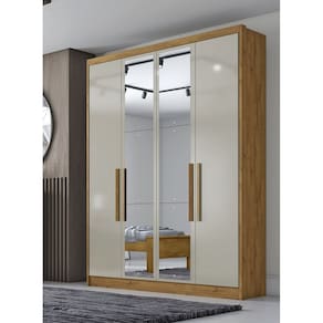 Guarda Roupa Solteiro com Espelho 4 Portas 3 Gavetas - Moderni -Cumaru/Fendi - Móveis Novo Horizonte