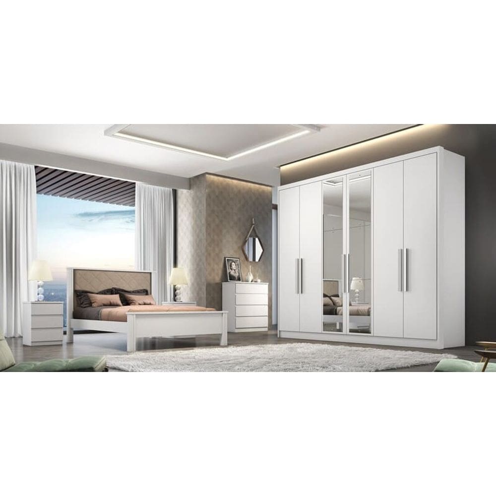 Guarda Roupa Casal com Espelho 6 Portas 8 Gavetas - Rizon-Branco - Móveis Novo Horizonte