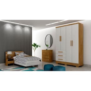 Guarda Roupa Solteiro com Pés 4 Portas 3 Gavetas - Encant-Cumaru off white - Móveis Novo Horizonte