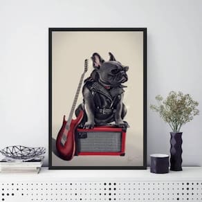 Quadro Bulldog Francês Rock 45x34cm Moldura Madeira Preta