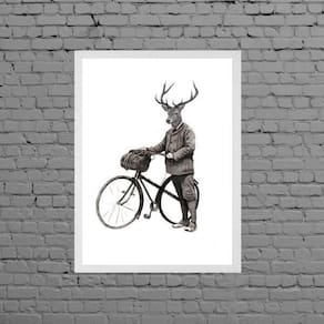 Quadro Vintage Alce Com Bicicleta 45X34Cm Moldura Branca