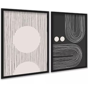 Kit 2 Quadros Abstratos Linhas Preto E Bege - Formas 24X18Cm
