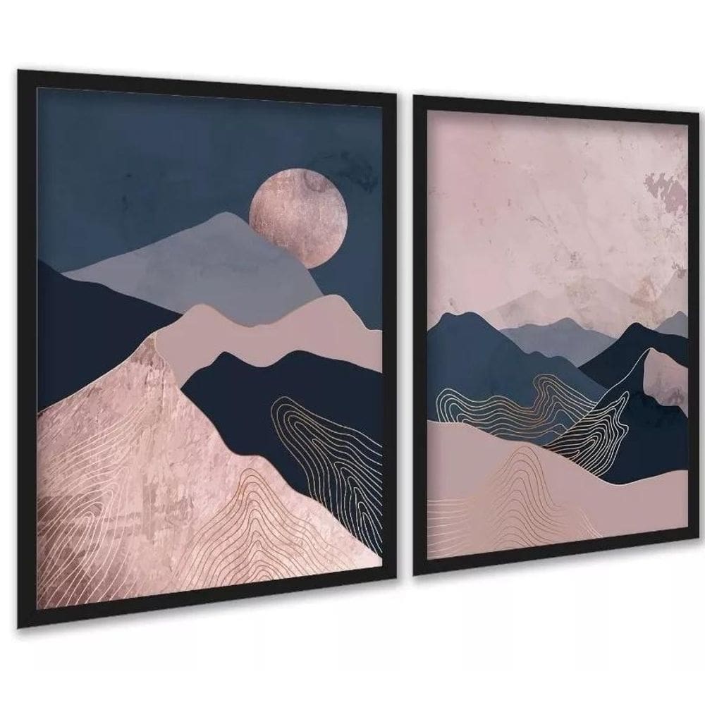 Kit 2 Quadros Boho Montanhas Rosa Azul 45X34Cm