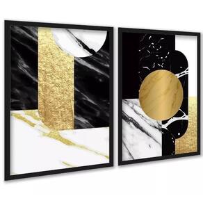 Kit 2 Quadros Abstratos Preto E Dourado - Mármore 45X34Cm