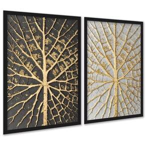 Kit 2 Quadros Árvores Raízes Preto Branco Dourado 45X34Cm