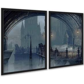 Kit 2 Quadros Decorativos Ponte Sombrio Noturno 45X34Cm