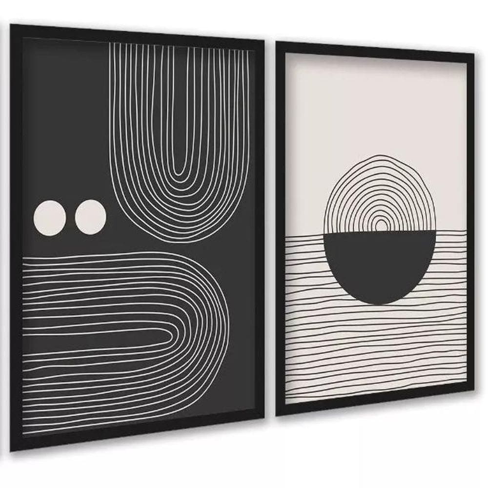 Kit 2 Quadros Formas Abstratos Linhas Preto E Bege 33X24Cm
