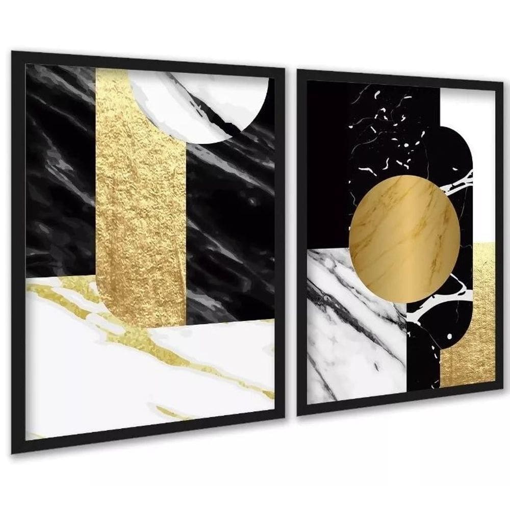 Kit 2 Quadros Abstratos Preto E Dourado - Mármore 33X24Cm