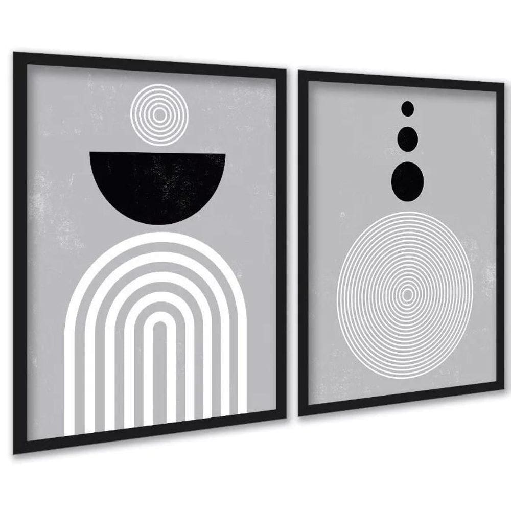 Kit 2 Quadros Cinzas Linhas Preto Branco 45X34Cm