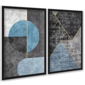 Kit 2 Quadros Abstratos Azul E Cinza Cimento 45X34Cm