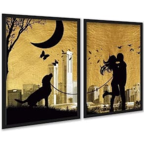 Kit 2 Quadros Arte Casal Com Cachorro 33X24Cm