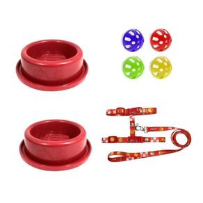 Kit 2 Comedouros, 4 Bolinhas E 1 Peitoral - Vermelho.