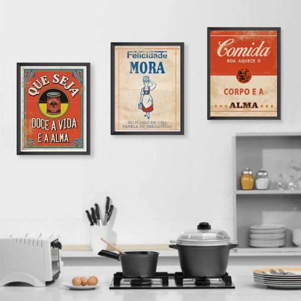 Kit 3 Quadros Cozinha Vintage 33X24 C/Vidro - Madeira Preta