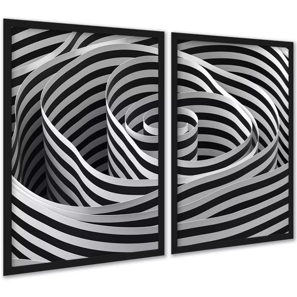 Kit 2 Quadros Decorativos Espiral Listras Branco Preto