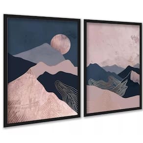 Kit 2 Quadros Boho Montanhas Rosa Azul 33X24Cm - Com Vidro
