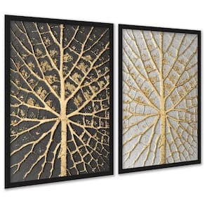 Kit 2 Quadros Árvores Raízes Preto Branco Dourado 45X34Cm