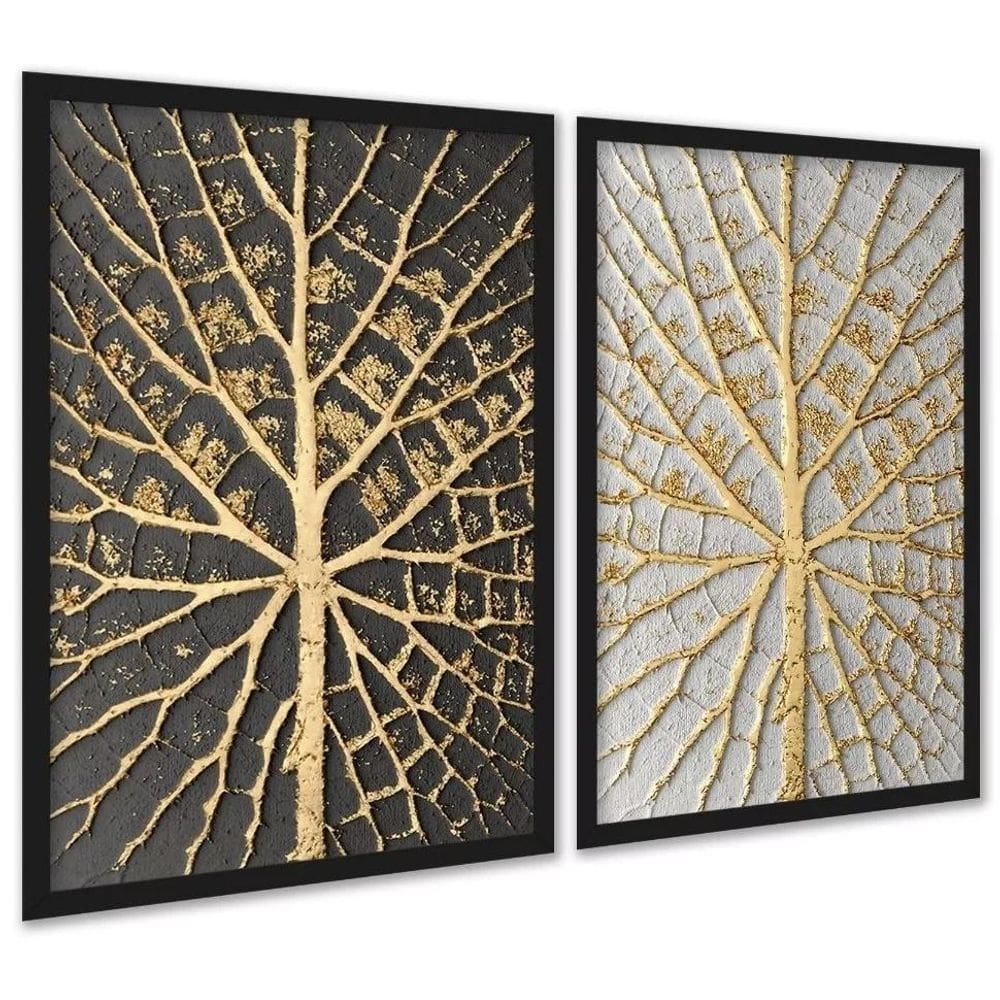 Kit 2 Quadros Árvores Raízes Preto Branco Dourado 33X24Cm