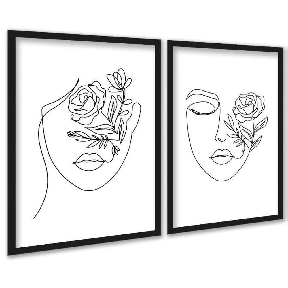 Kit 2 Quadros Decorativos Minimalistas Rostos Floral 33X24Cm