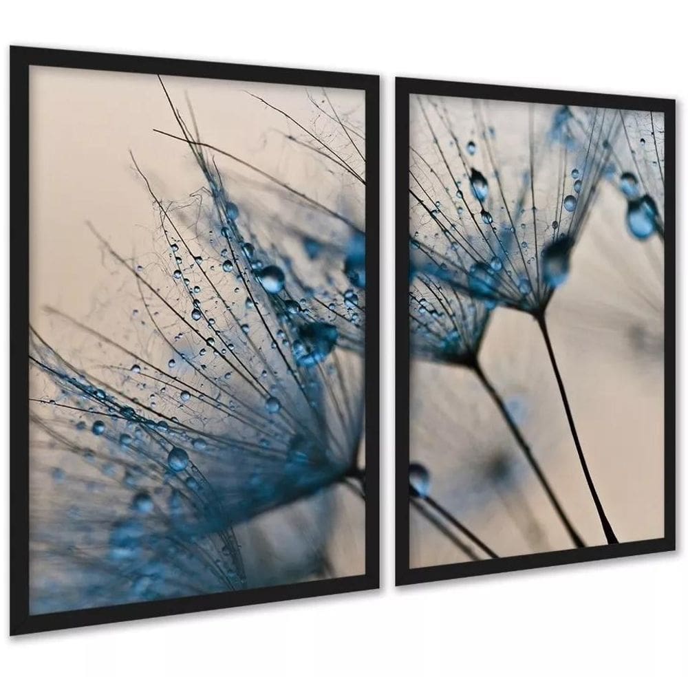 Kit 2 Quadros Flores Azuis Gotas 45X34Cm