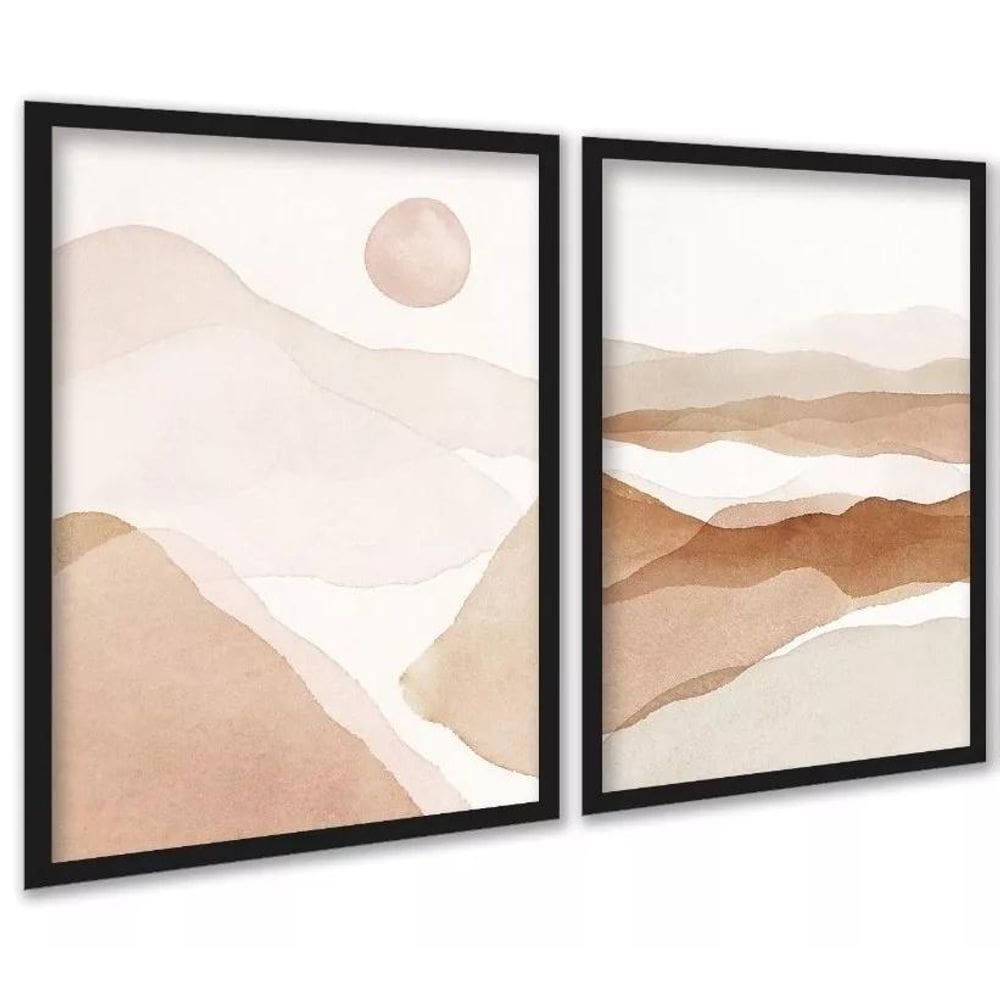 Kit 2 Quadros Abstratos Aquarela Paisagem Bege 24X18Cm Vidro