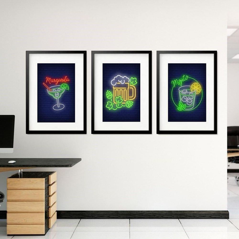 Kit 3 Quadros Grandes Drinks Neon 60X48Cm