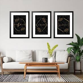 Kit 3 Quadros Grandes Dourado Fé Amor Gratidão 60X48Cm